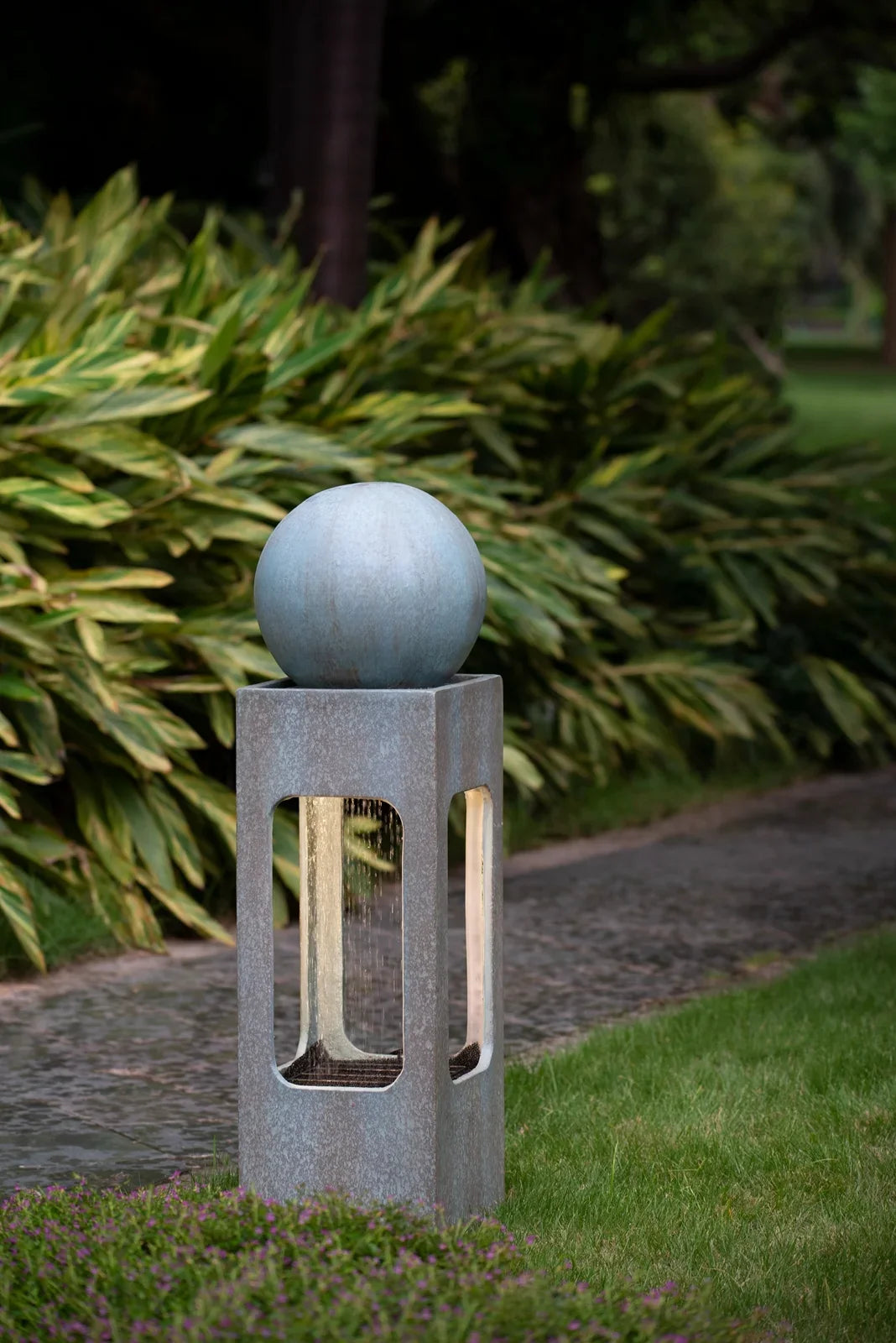 CoSoTower 13X13X44" Tall Contemporary Sphere Outdoor Liquid Fountain, Cement/Concrete Outdoor Fountain, Antique Blue Raindrop Liquid Feature with Light for Garden, Lawn, Deck & Patio