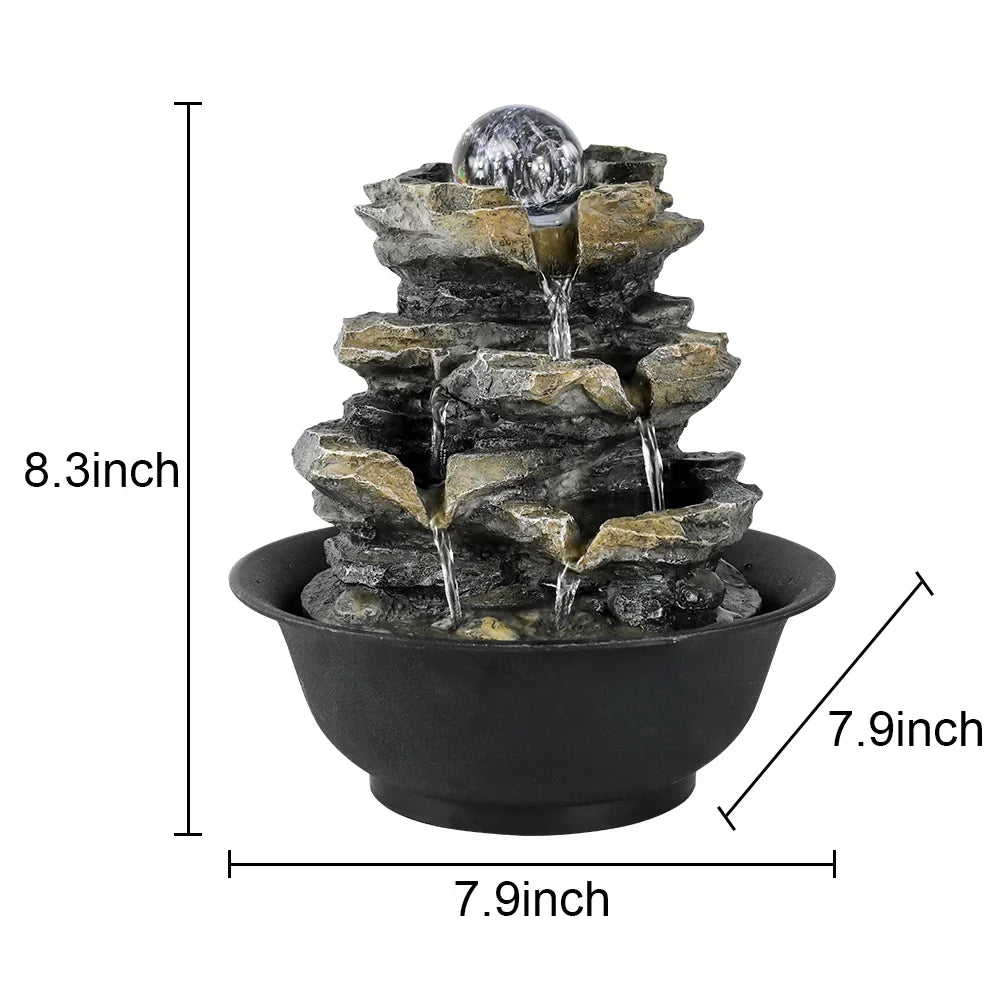 8.3-inch High 4-Tier Cascading Rock Falls Tabletop Liquid Fountain with LED Lights for Home and Office Decor