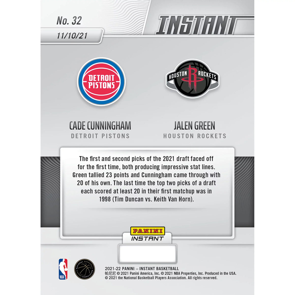 Cade Cunningham & Jalen Green Fanatics Exclusive Parallel Panini Instant #1 Pick Faces #2 Pick Single Trading Card - Limited Edition of 99