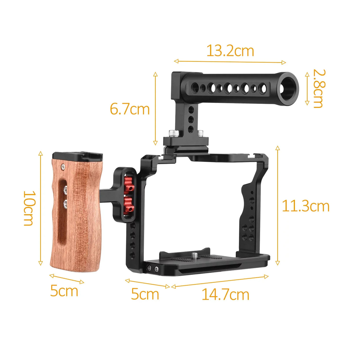 Andoer Video Cage + Handle + Side Wooden Grip Kit Aluminum Alloy with Dual Cold Shoe Mounts Numerous 14 Inch Threads Replacement for A7IV/ A7III/ A7II/ A7R III/ A7R II/ A7S II