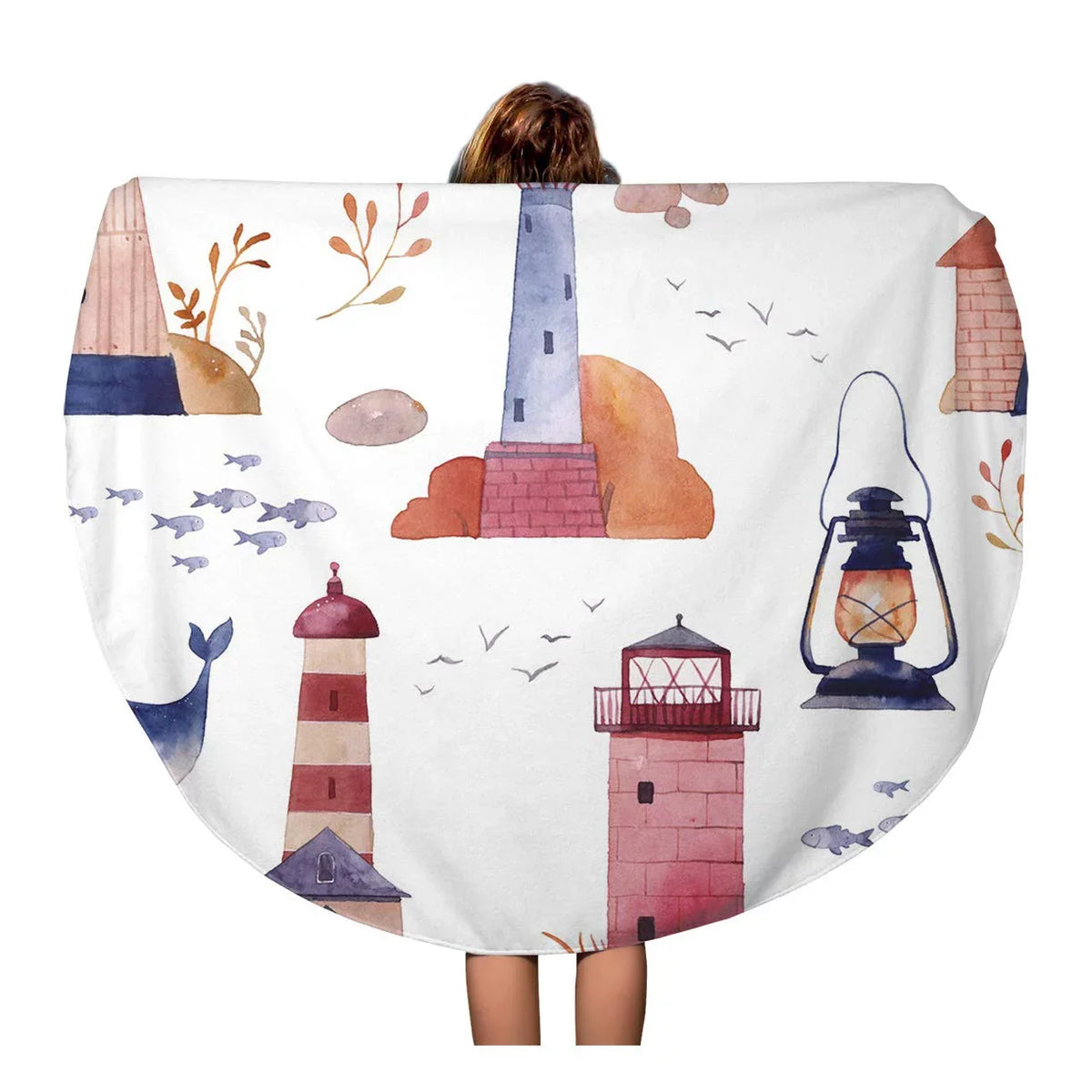 KDAGR 60 inch Round Beach Towel Blanket Liquid Lighthouse Sea Cartoon Boat Seagull Whale Fish Lamp Travel Circle Circular Towels Mat Tapestry Beach Throw
