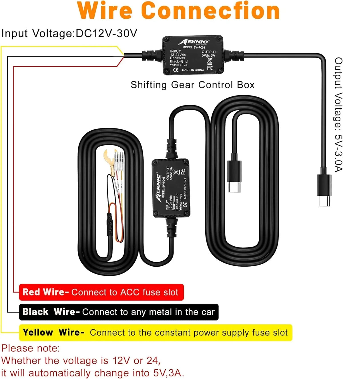 Dash Cam Hardwire Kit Type C USB Car Dash Camera Charger Power Cord 12V to 30V Input, 5V 3A Output Compatible