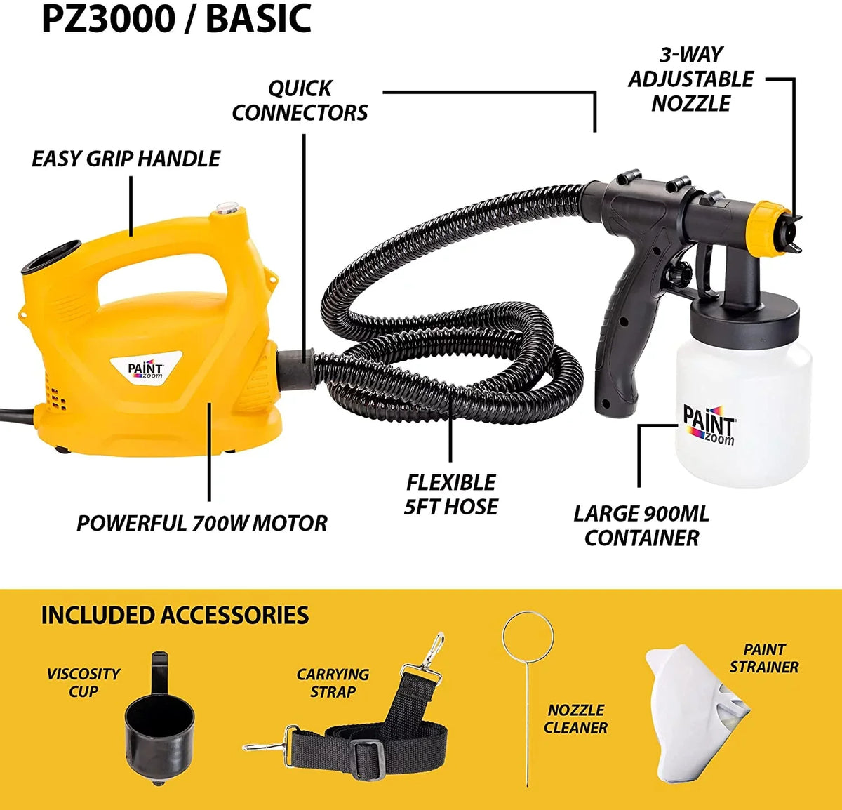 Paint Zoom Deluxe 3000 Series Paint Sprayer | Powerful & Long-lasting 700-watt Spray Gun Tool HVLP sprayer for Interior & Exterior Home Painting and DIY Home Improvement Projects | 3 Spray Patterns