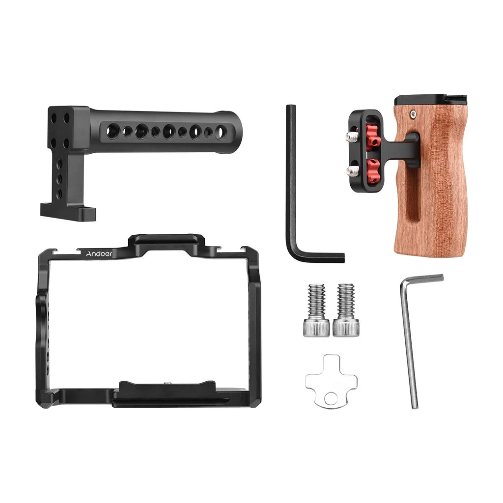 Andoer Video Cage + Handle + Side Wooden Grip Kit Aluminum Alloy with Dual Cold Shoe Mounts Numerous 14 Inch Threads Replacement for A7IV/ A7III/ A7II/ A7R III/ A7R II/ A7S II