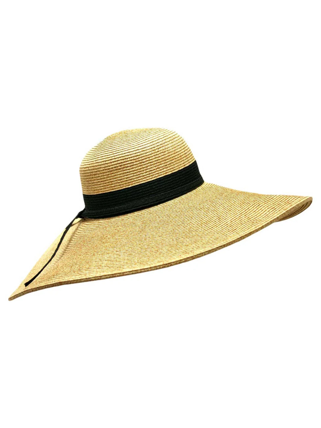 Natural Wide Brim Floppy Hat With Black Ribbon Hat Band