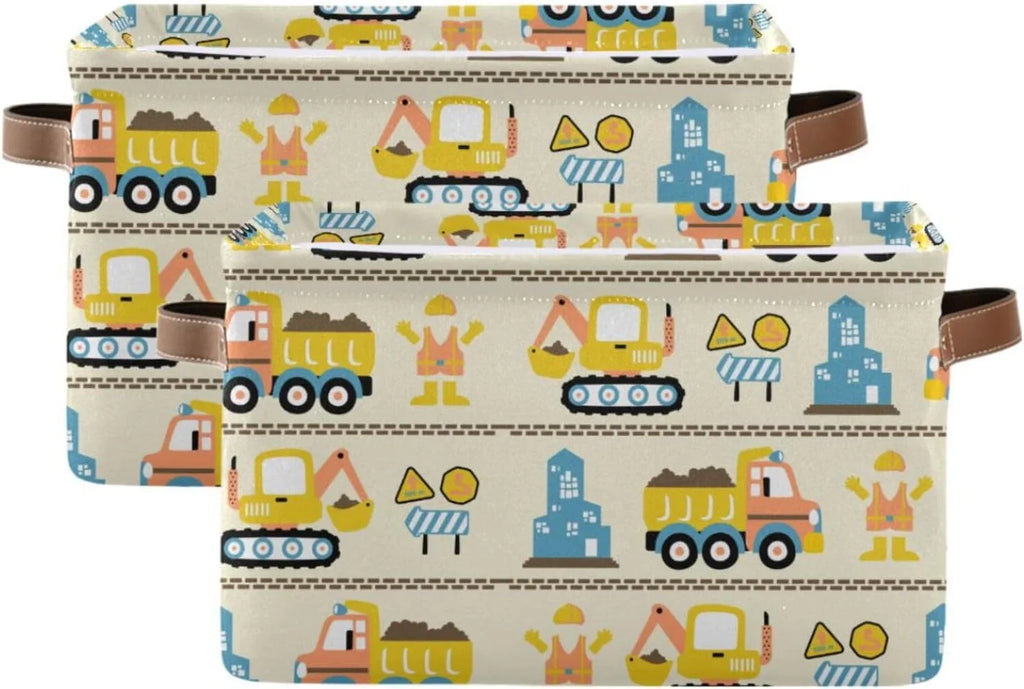Coolnut Cartoon Construction Truck Storage Basket, Tough Canvas Organizer With Handles Large Collapsible Storage Bins Boxes for Home Office - 2 Pack