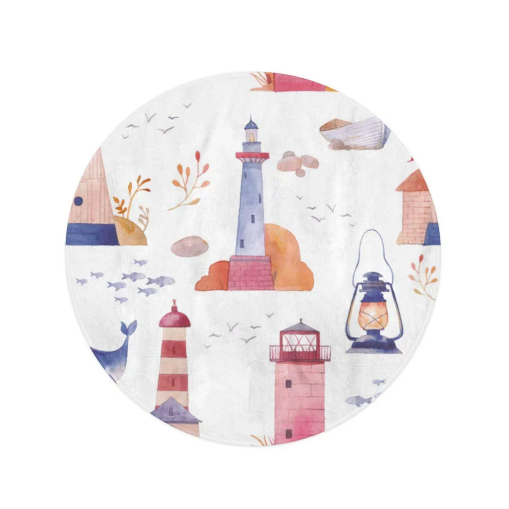 KDAGR 60 inch Round Beach Towel Blanket Liquid Lighthouse Sea Cartoon Boat Seagull Whale Fish Lamp Travel Circle Circular Towels Mat Tapestry Beach Throw