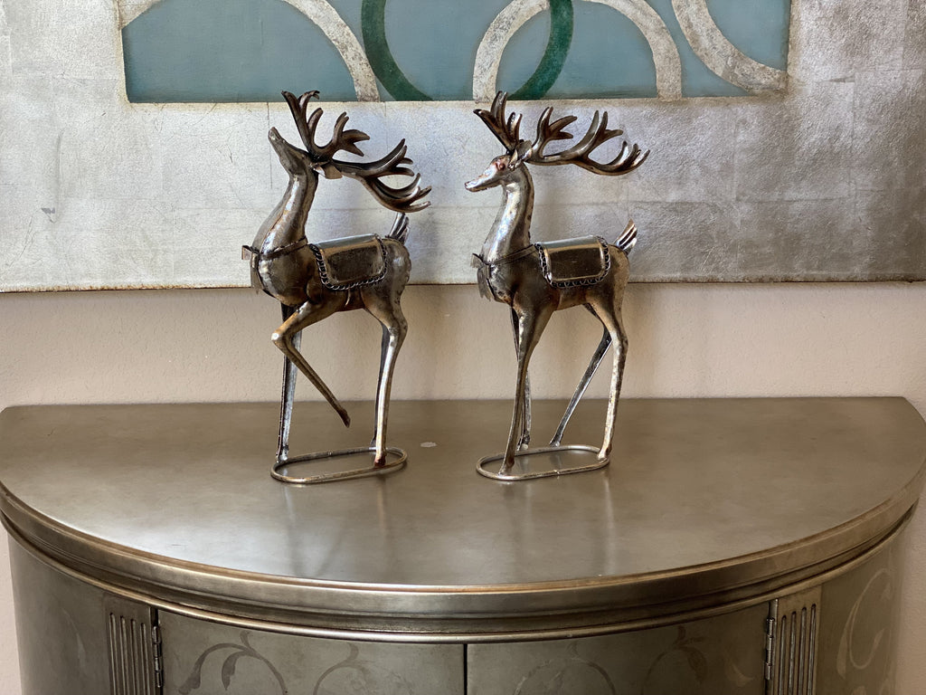 S/2 Standing Reindeer Metal Champagne Glitter Color Statue Christmas Holiday Home Office Room Decor Tabletop Fireplace Figurines 16" x 8"