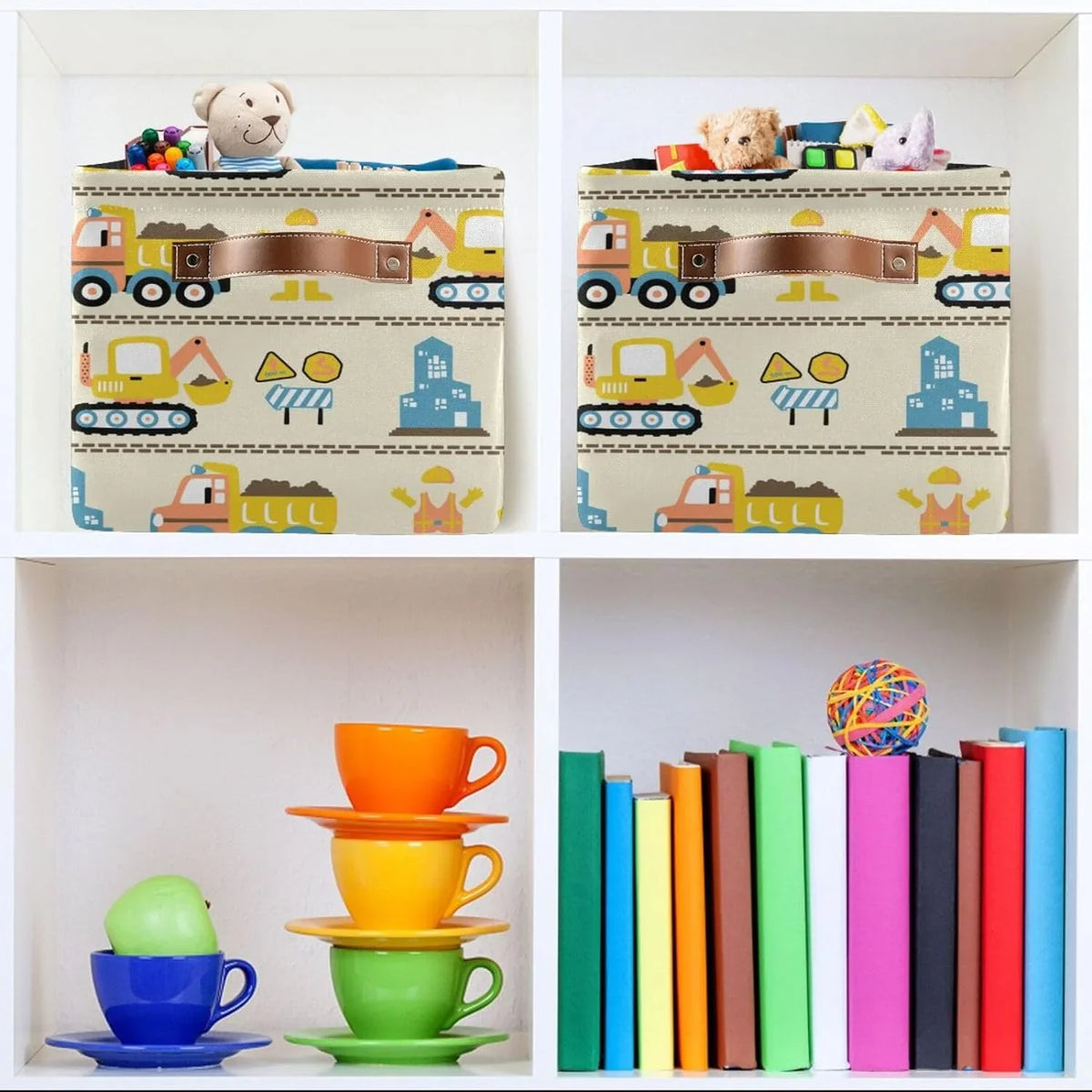Coolnut Cartoon Construction Truck Storage Basket, Tough Canvas Organizer With Handles Large Collapsible Storage Bins Boxes for Home Office - 2 Pack
