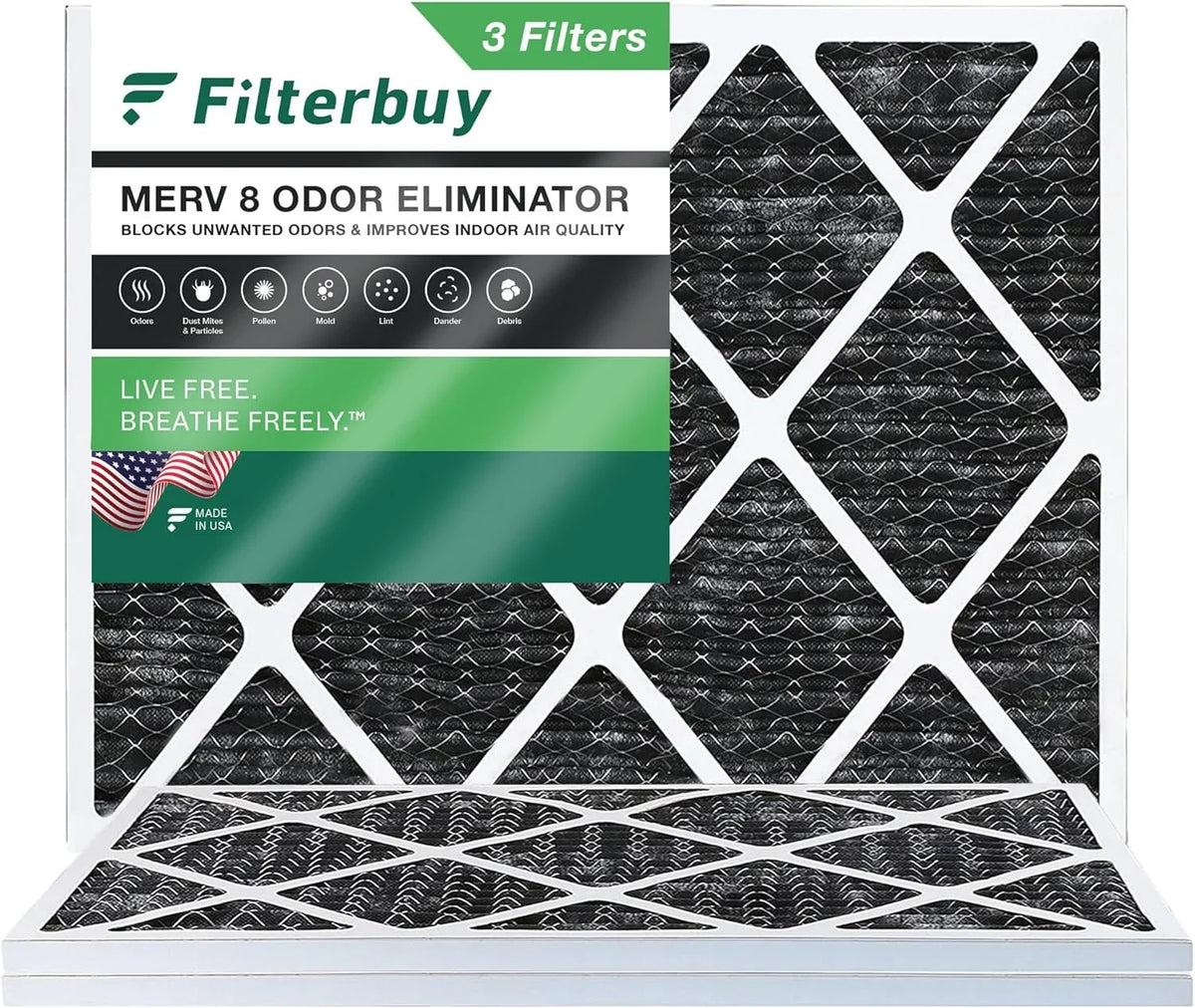 Filterbuy 20x24x1 MERV 8 Odor Eliminator Pleated HVAC AC Furnace Air Filters with Activated Carbon (3-Pack)
