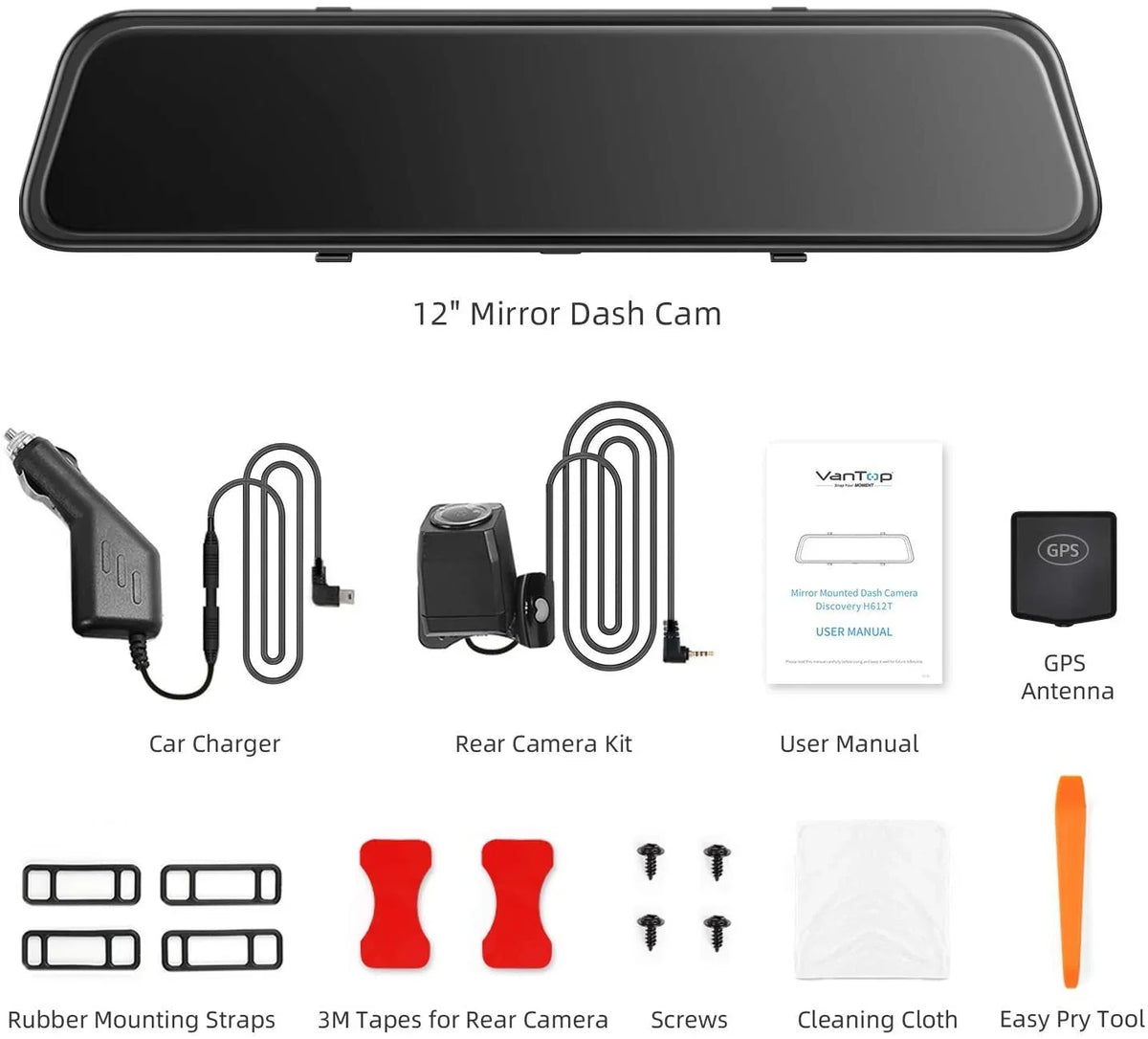 4K 12" Mirror Dash Cam - Vantop H612T Front & Rear View Dual Dash Camera, IPS Touch Monitor Voice Control Cars Mirror Camera W/Night Vision Parking Monitor