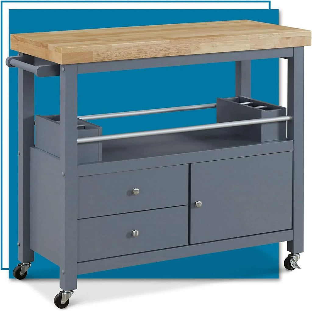 Anson Kitchen Island Bar Cart With Storage, Butcher Block Table, Rolling Wheels And Portable Cabinet Organization For Home Apartment , Gray
