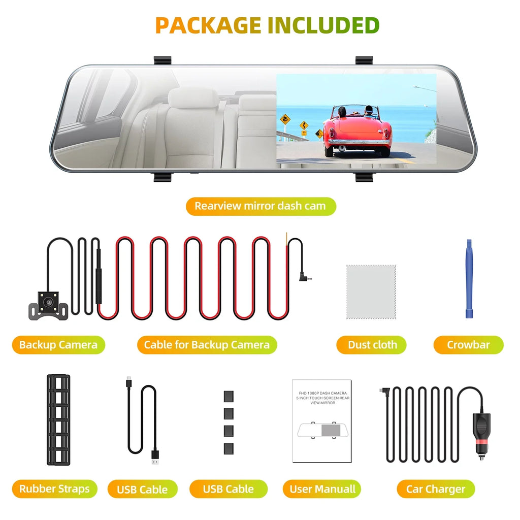TOGUARD Mirror Dash Cam for Cars, 1080P HD Rear View Mirror Camera, 5'' IPS Full Touch Display Front and Rear Dual Dash Camera with G-Sensor, Parking Monitor, Loop Recording, Parking Assistant