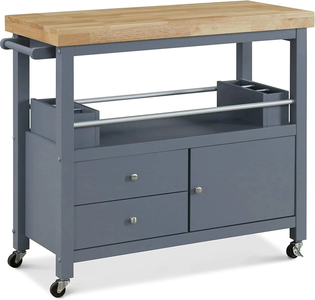 Anson Kitchen Island Bar Cart With Storage, Butcher Block Table, Rolling Wheels And Portable Cabinet Organization For Home Apartment , Gray