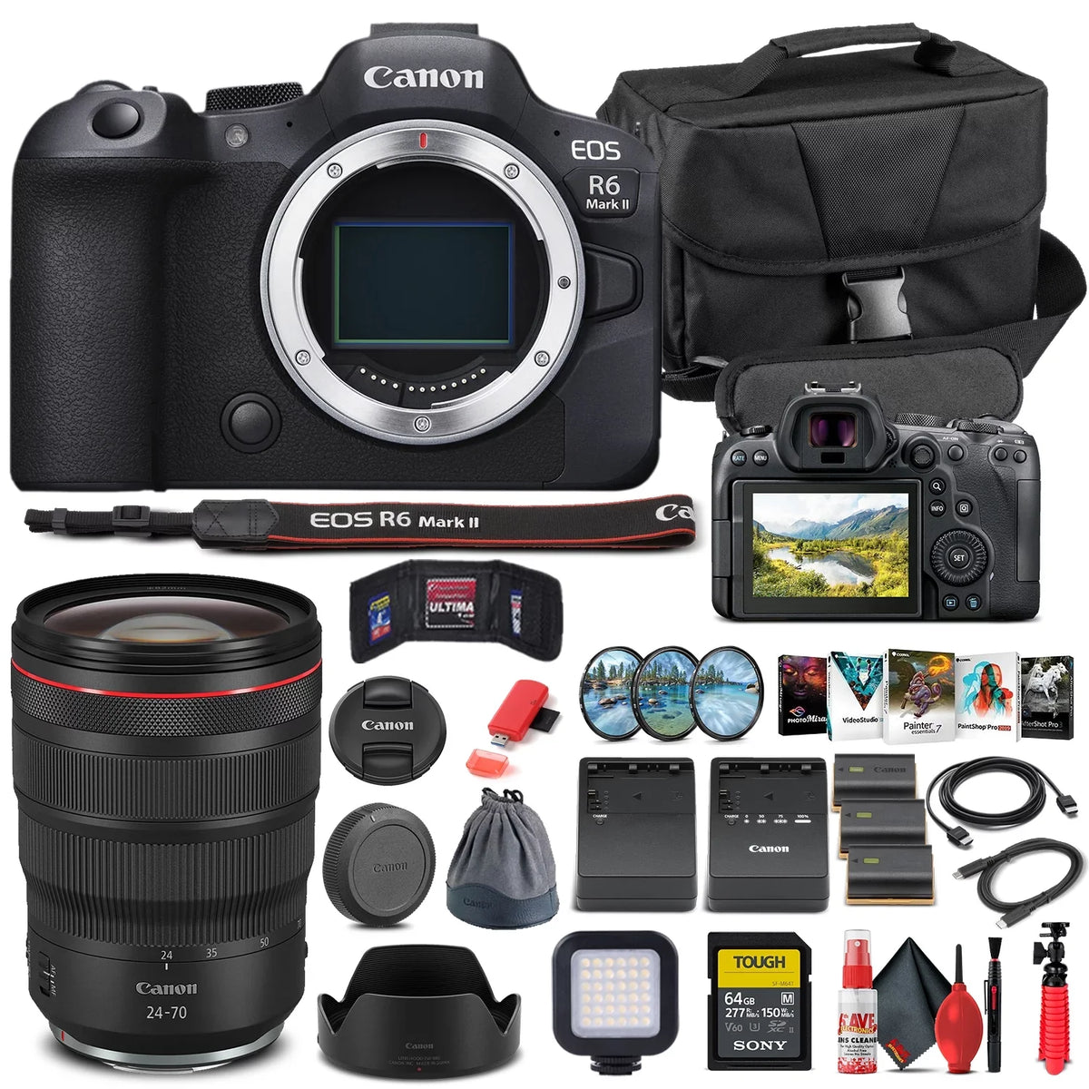 EOS R6 Mark II Mirrorless Camera (5666C002) + RF 24-70mm Lens + 64GB Memory Card + Case + Corel Photo Software + 2 x LPE6 Battery + External Charger + Card Reader + More