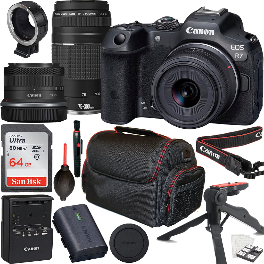 EOS R7 Mirrorless Camera with RF-S 18-45mm f/4.5-6.3 IS STM Lens + EF 75-300mm f/4-5.6 III Lens + 64GB Memory Card + Tripod + Case & More