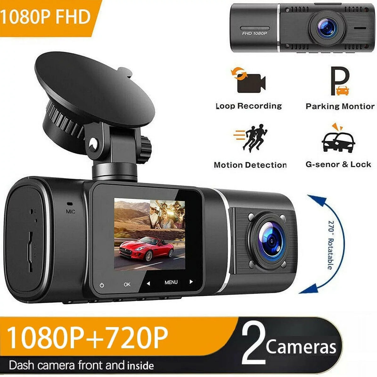 Toguard Dual Dash Cam with IR Night Vision, FHD 1080P Front and 720P Inside Cabin Uber Dash Camera, 1.5 inch LCD Display