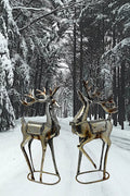 S/2 Standing Reindeer Metal Champagne Glitter Color Statue Christmas Holiday Home Office Room Decor Tabletop Fireplace Figurines 16" x 8"