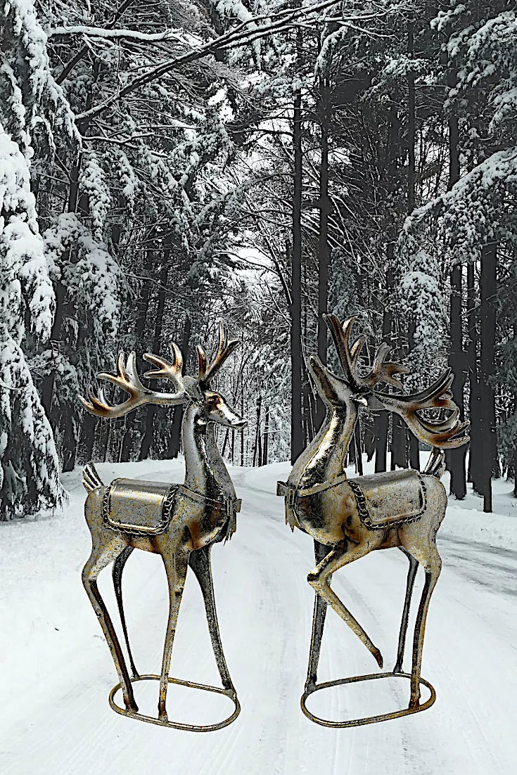 S/2 Standing Reindeer Metal Champagne Glitter Color Statue Christmas Holiday Home Office Room Decor Tabletop Fireplace Figurines 16" x 8"