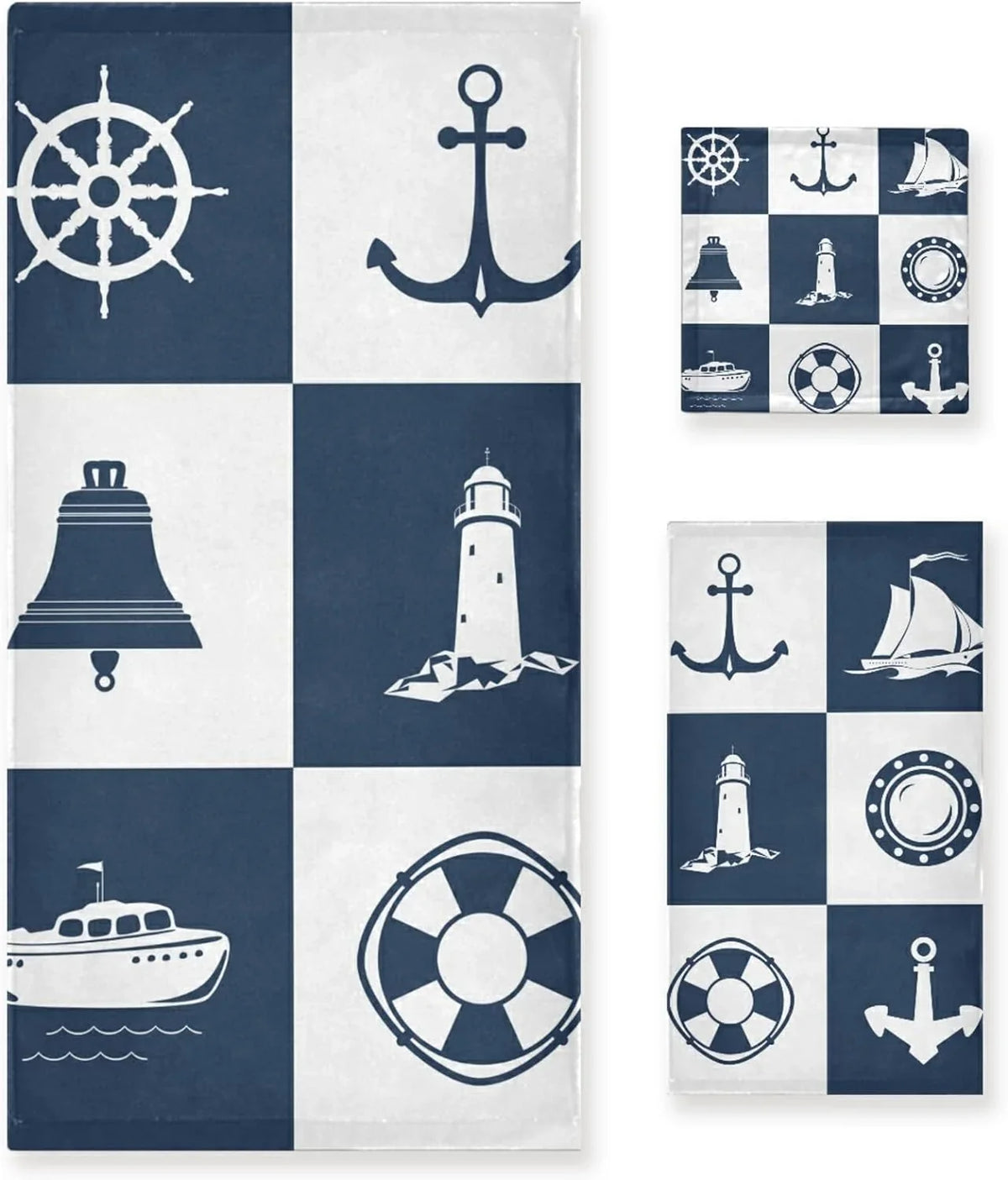 GZHJMY Bath Towel Sets for Bathroom Hand Towels Fingertip Towels Sailing Vessel Anchor Lighthouse Checked 3 Piece Decorative Soft Cotton Absorbent