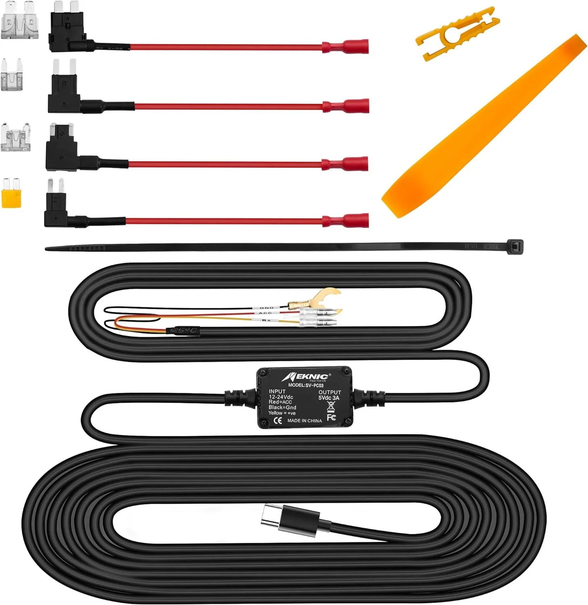 Dash Cam Hardwire Kit Type C USB Car Dash Camera Charger Power Cord 12V to 30V Input, 5V 3A Output Compatible