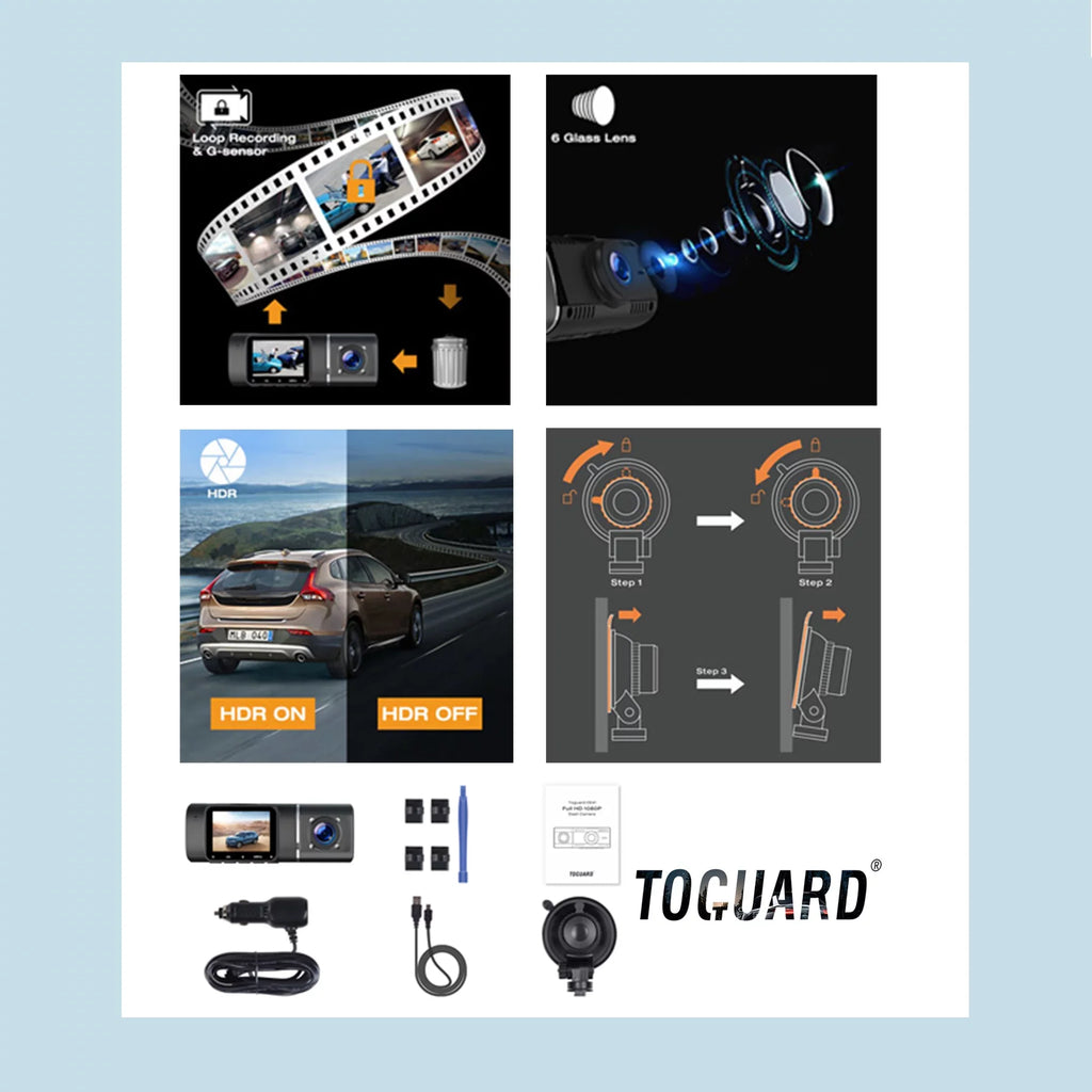 Toguard Dual Dash Cam with IR Night Vision, FHD 1080P Front and 720P Inside Cabin Uber Dash Camera, 1.5 inch LCD Display