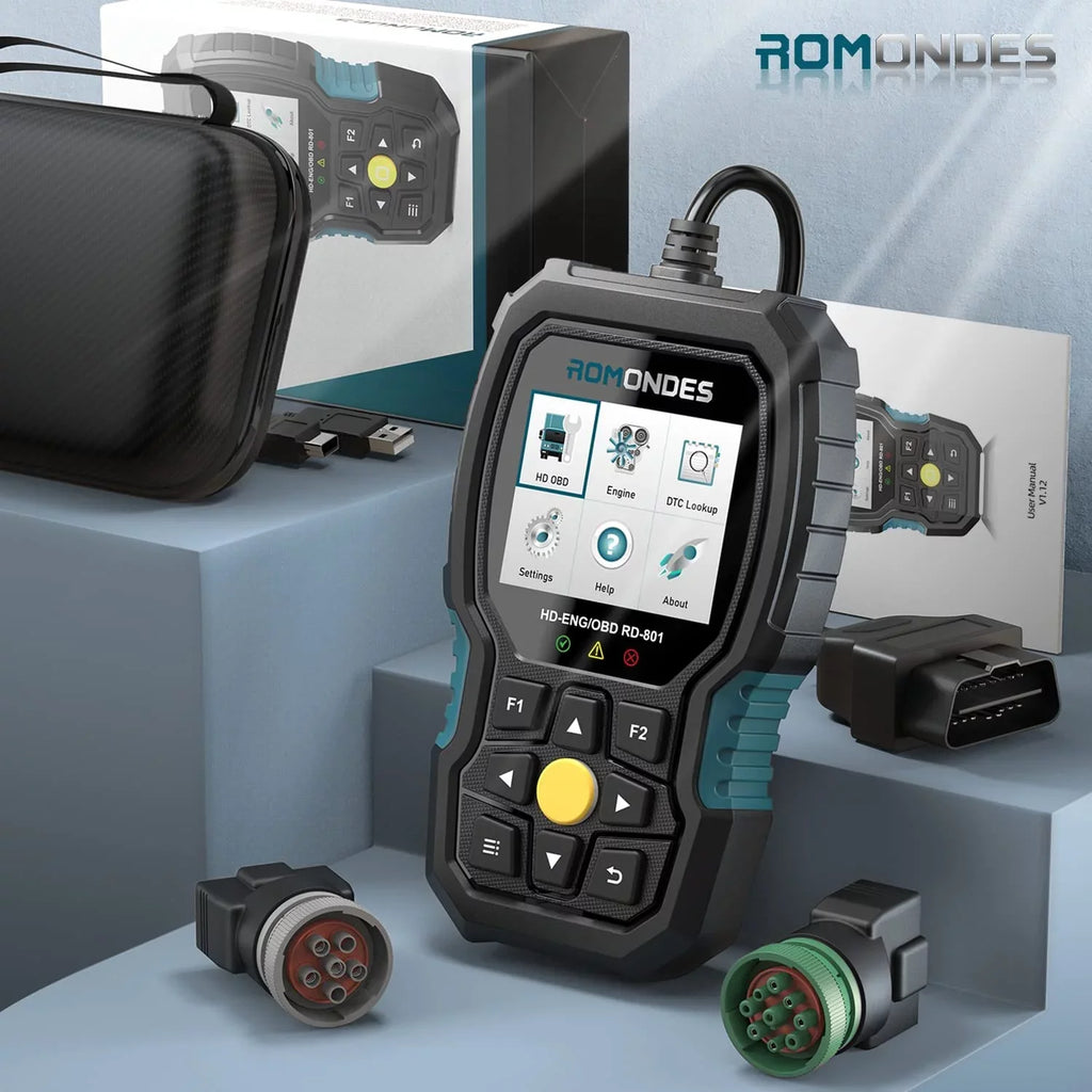 Romondes RD801 Heavy Duty Truck Scanner Diesel OBD Scan Tool EOBD HD OBD OBD2 Scanner Truck & Car 2 in 1 Code Reader Auto Diagnostic Tool Check Engine for Cummins, Scania, Man, Hino, Fuso, UD , DAF