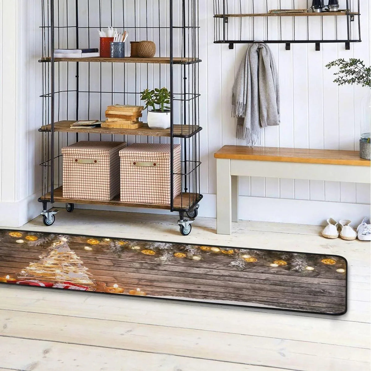 Bestwell Christmas Tree Runner Rug with Rubber Backing, Soft Vintage Wooden Background Non Slip Entryway Rug Runner, Washable Area Rug Carpet for Hallway Bedroom Kitchen Decor,24x72 inch