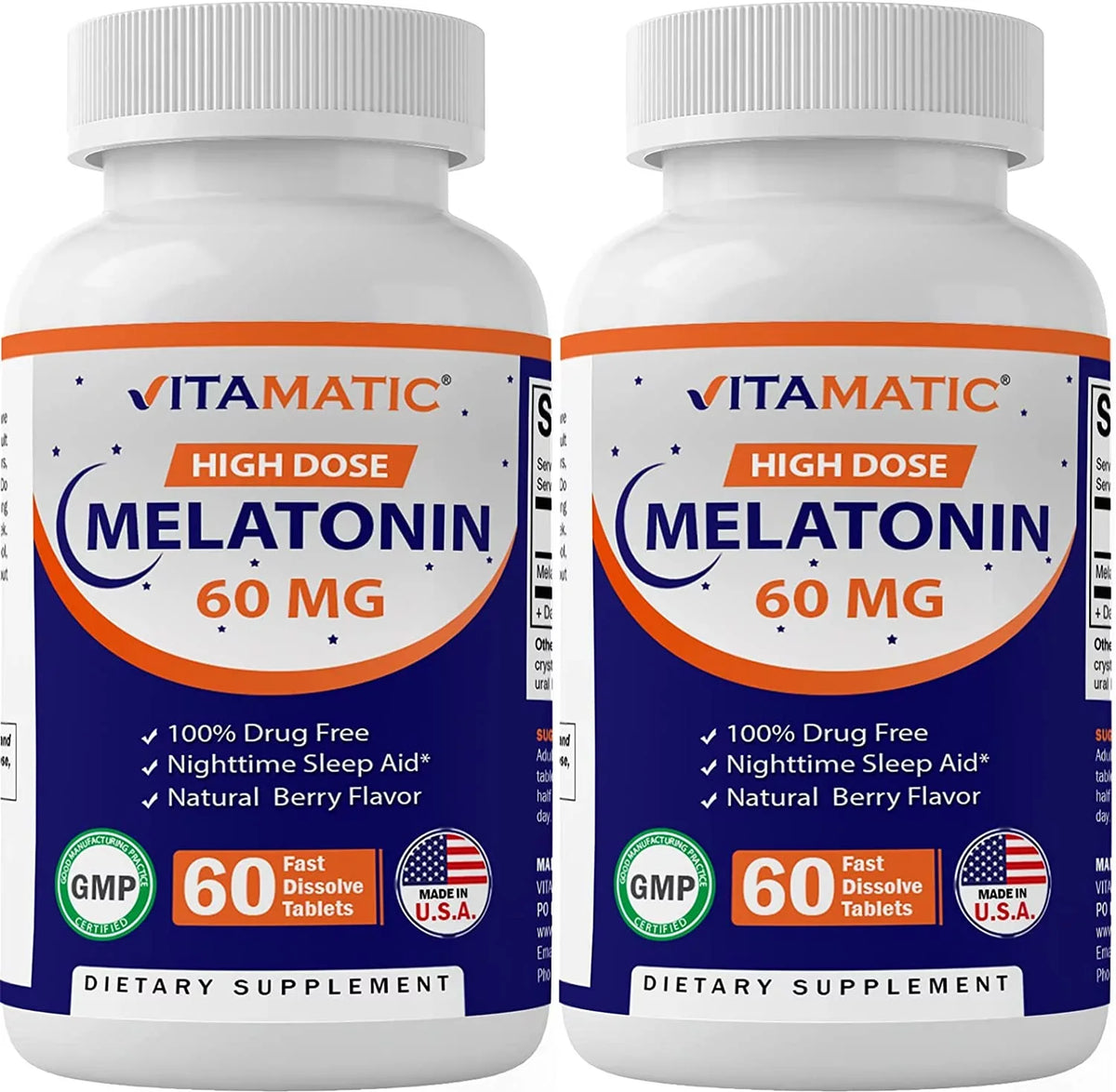 Vitamatic Melatonin 60mg Fast Dissolve Tablets - 60 Vegan Natural Berry Flavor Tablets - Non-Habit Forming - Non-GMO, Gluten Free (2 Bottles)