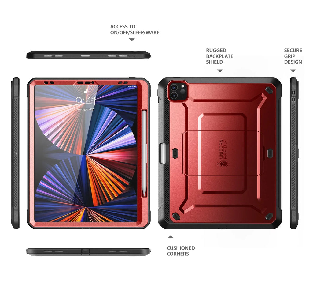 SUPCASE Unicorn Beetle Pro Series Case for iPad Pro 12.9 Inch (2021 / 2020), Support Pencil Charging with Built-in Monitor Protector Full-Body Rugged Kickstand Protective Case (Ruddy)