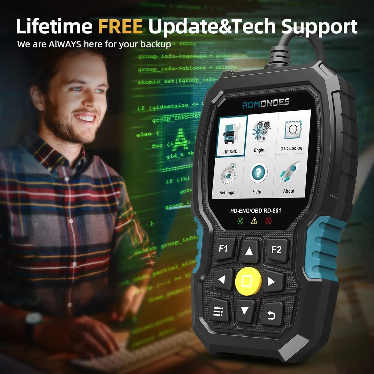 Romondes RD801 Heavy Duty Truck Scanner Diesel OBD Scan Tool EOBD HD OBD OBD2 Scanner Truck & Car 2 in 1 Code Reader Auto Diagnostic Tool Check Engine for Cummins, Scania, Man, Hino, Fuso, UD , DAF