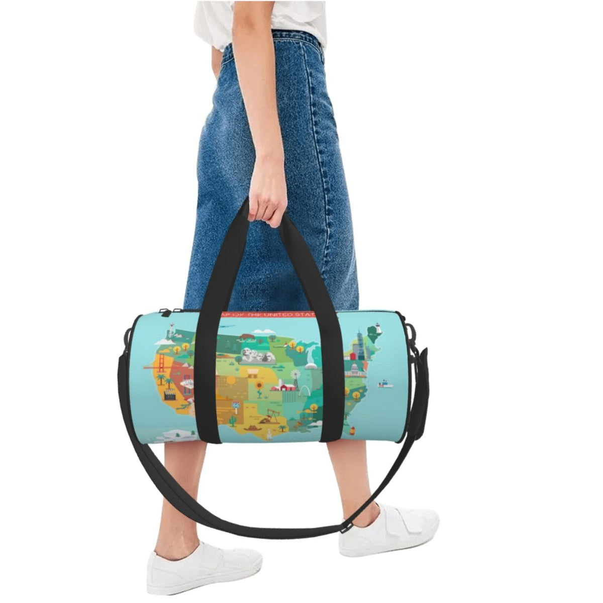 Coaee USA Tourist Map Large Capacity Travel Luggage Bag Cylinder Gym Bag Liquid Sports Bag with Pocket and Compartment