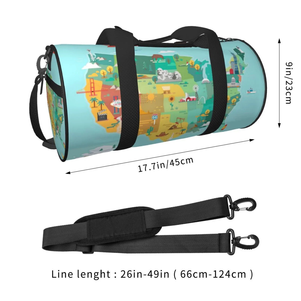 Coaee USA Tourist Map Large Capacity Travel Luggage Bag Cylinder Gym Bag Liquid Sports Bag with Pocket and Compartment