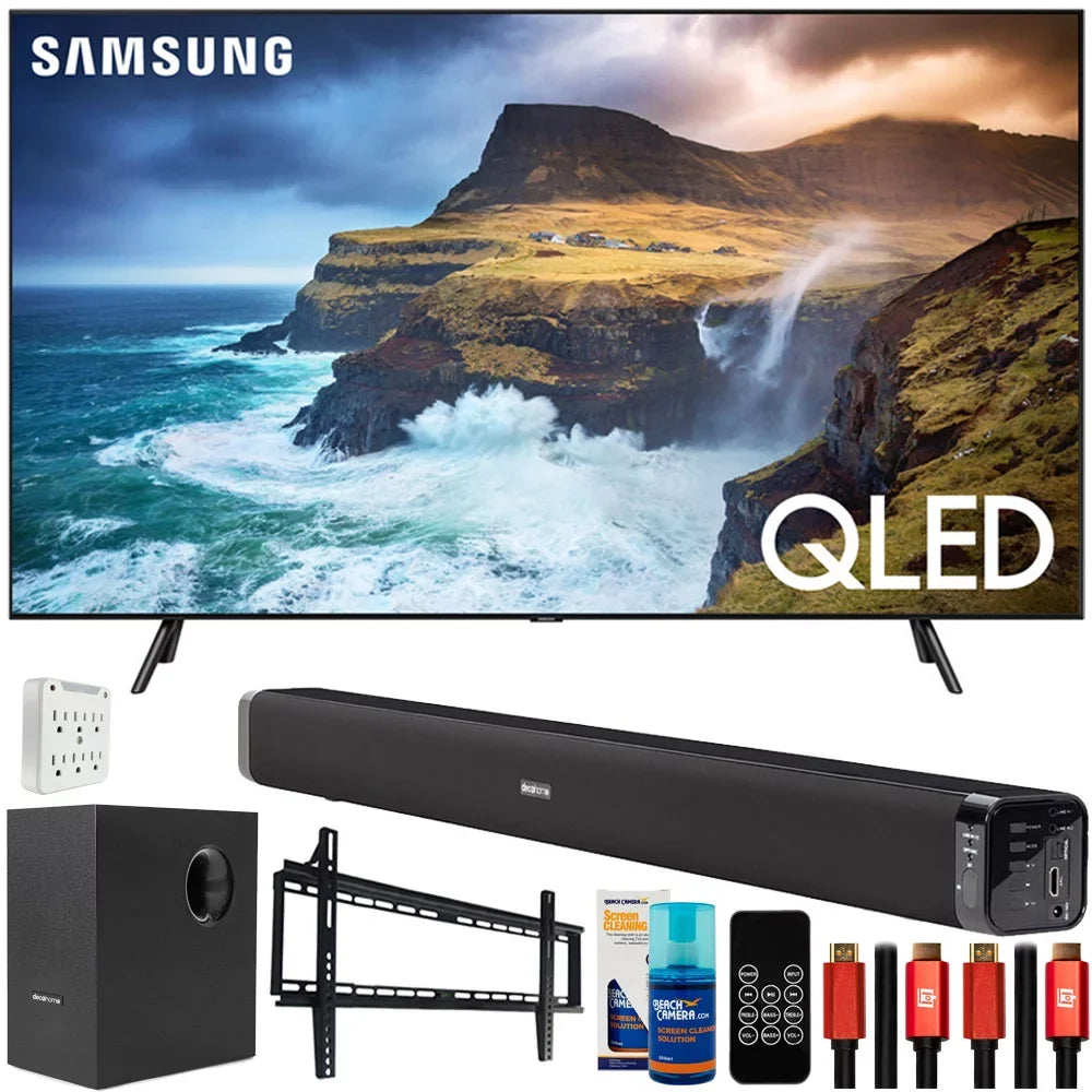 QN65Q70RAFXZA 65 inch Q70 QLED Smart 4K UHD TV 2019 Model Bundle with 60W Soundbar with Subwoofer, 2x HDMI Cable, 6-Outlet Surge Adapter, Flat Wall Mount Kit and Monitor Cleaner