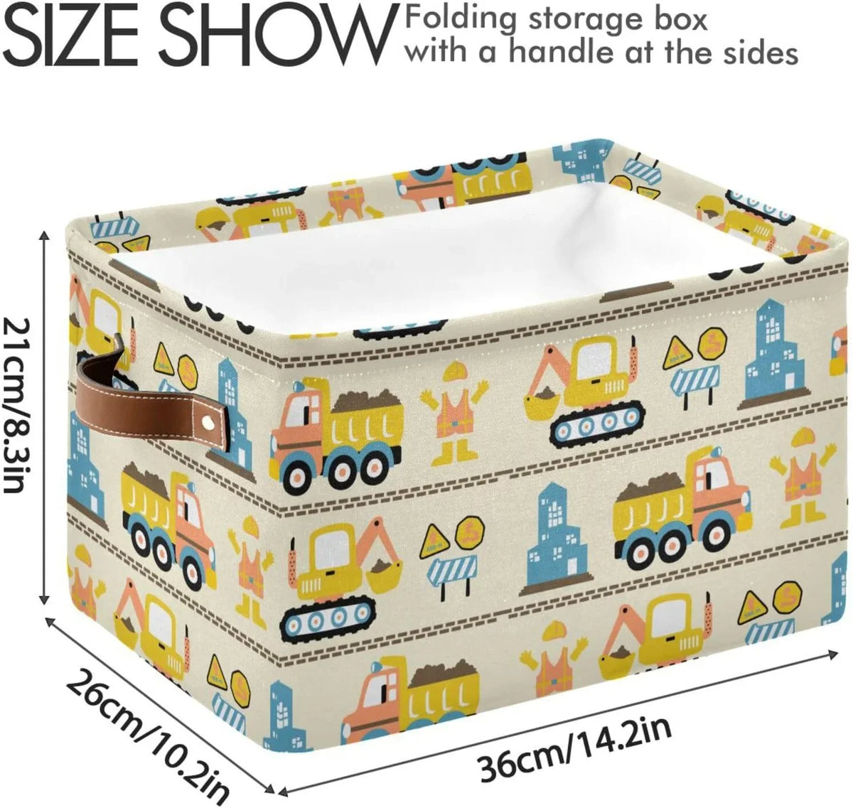 Coolnut Cartoon Construction Truck Storage Basket, Tough Canvas Organizer With Handles Large Collapsible Storage Bins Boxes for Home Office - 2 Pack