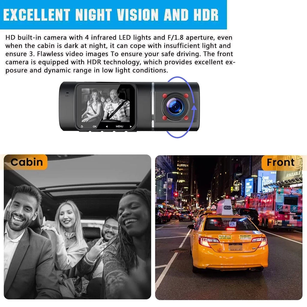 Toguard Dual Dash Cam with IR Night Vision, FHD 1080P Front and 720P Inside Cabin Uber Dash Camera, 1.5 inch LCD Display