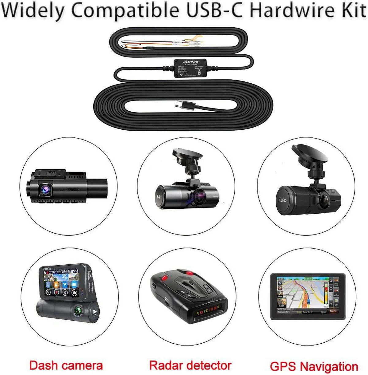 Dash Cam Hardwire Kit Type C USB Car Dash Camera Charger Power Cord 12V to 30V Input, 5V 3A Output Compatible