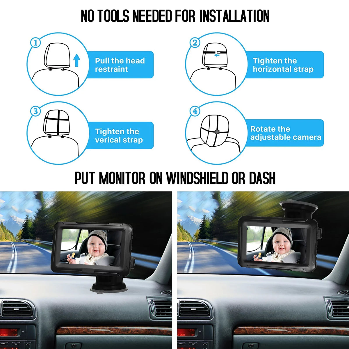 Shinysix Baby Car Mirror, 1080P Baby Monitor with Camera Baby Car Mirror with 4.3'' IPS Display Night Vision Function Adjustable Wide View Angle for Infants Kids Pets