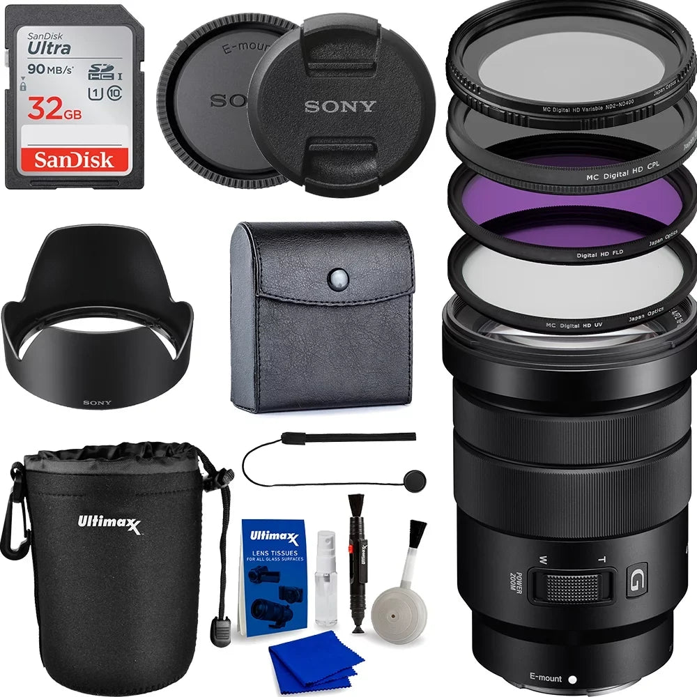 E PZ 18-105mm f/4 G OSS Lens with Essential Accessory Bundle - Includes: Fluid Resistant Lens Pouch, SanDisk 32GB Memory Card, 3 Piece Multicoated HD Filters with Case (UV,CPL, FLD), Variable Neu