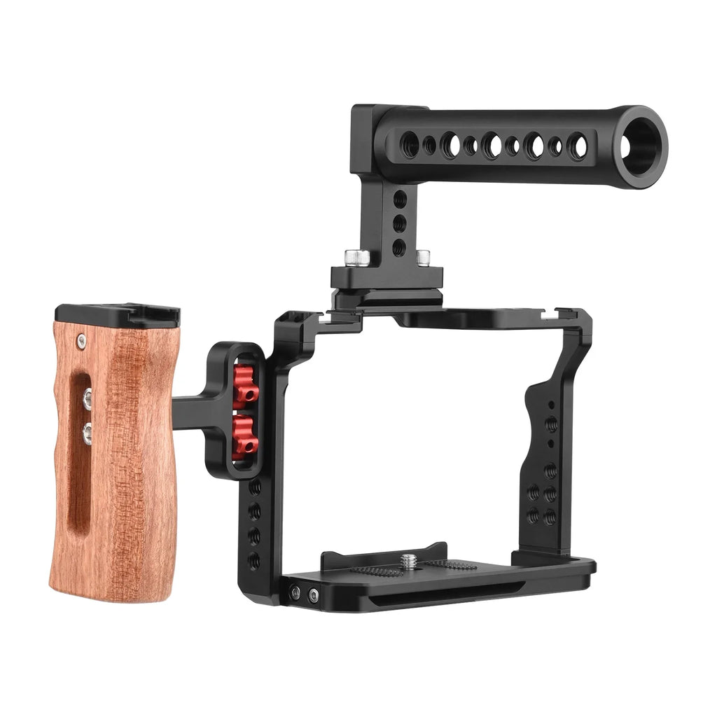 Andoer Video Cage + Handle + Side Wooden Grip Kit Aluminum Alloy with Dual Cold Shoe Mounts Numerous 14 Inch Threads Replacement for A7IV/ A7III/ A7II/ A7R III/ A7R II/ A7S II