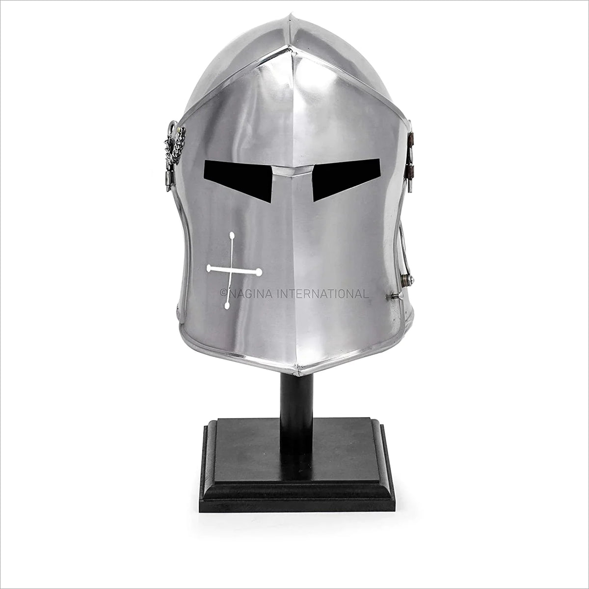 Nagina International Medieval Barbuta Visored Brushed Steel Knights Armory Templar Crusader's Helmet On Black Wooden Base | Props & Costumes Helm For Larpers