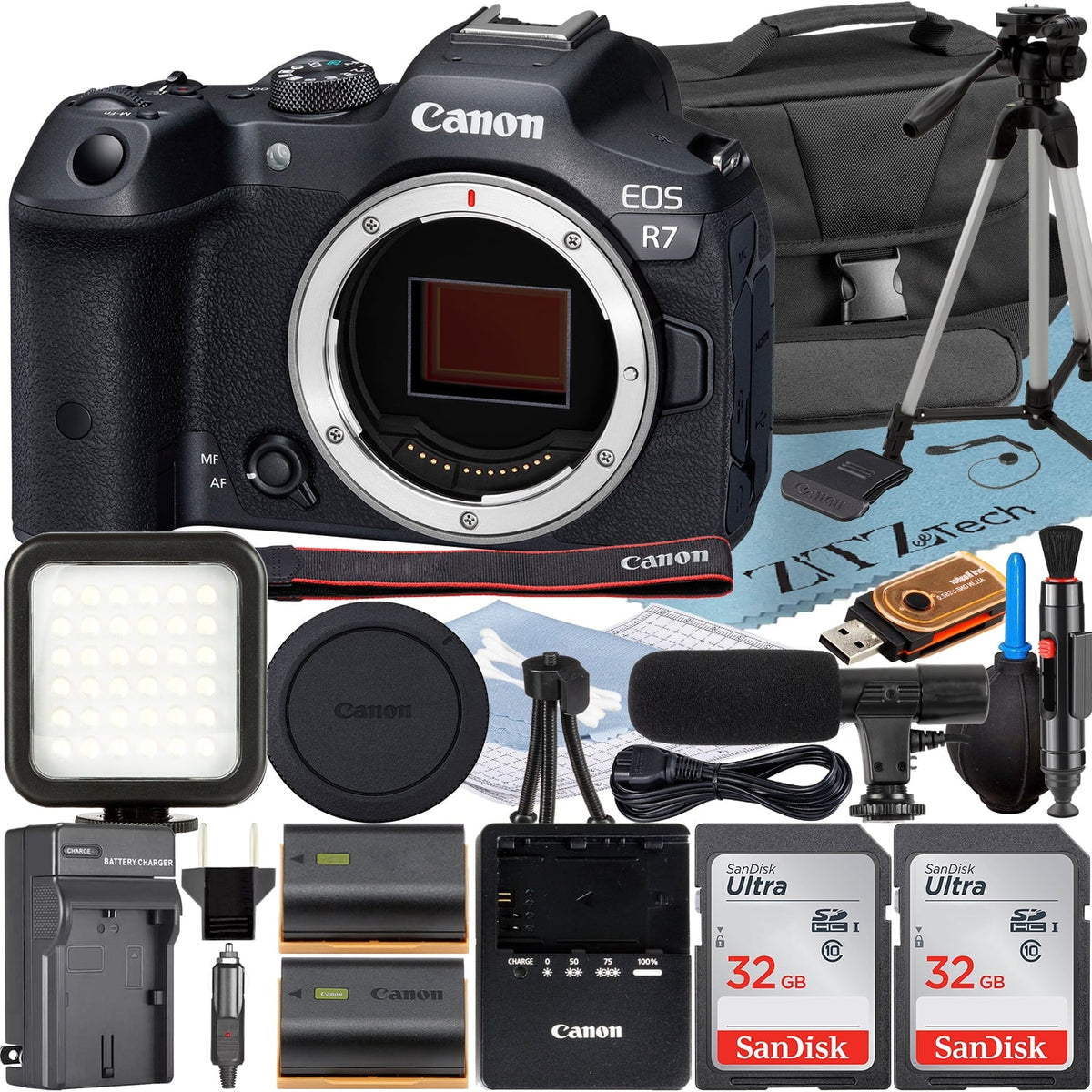 EOS R7 Mirrorless Camera (Body) with 2 Pack SanDisk 32GB Memory Card + Case + ZeeTech Accessory