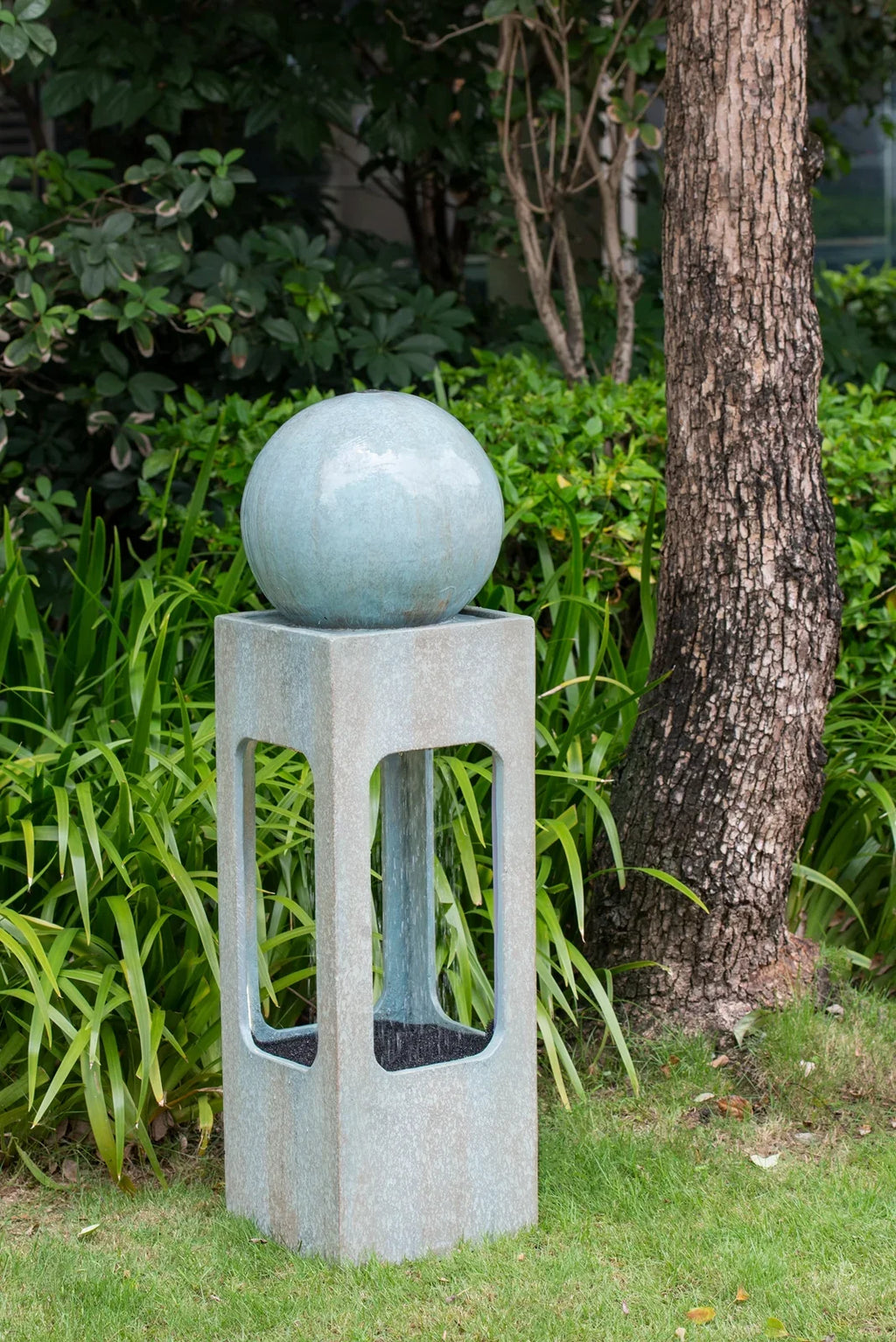 CoSoTower 13X13X44" Tall Contemporary Sphere Outdoor Liquid Fountain, Cement/Concrete Outdoor Fountain, Antique Blue Raindrop Liquid Feature with Light for Garden, Lawn, Deck & Patio