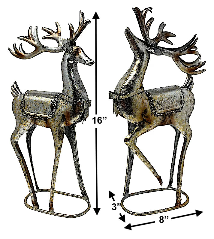 S/2 Standing Reindeer Metal Champagne Glitter Color Statue Christmas Holiday Home Office Room Decor Tabletop Fireplace Figurines 16" x 8"