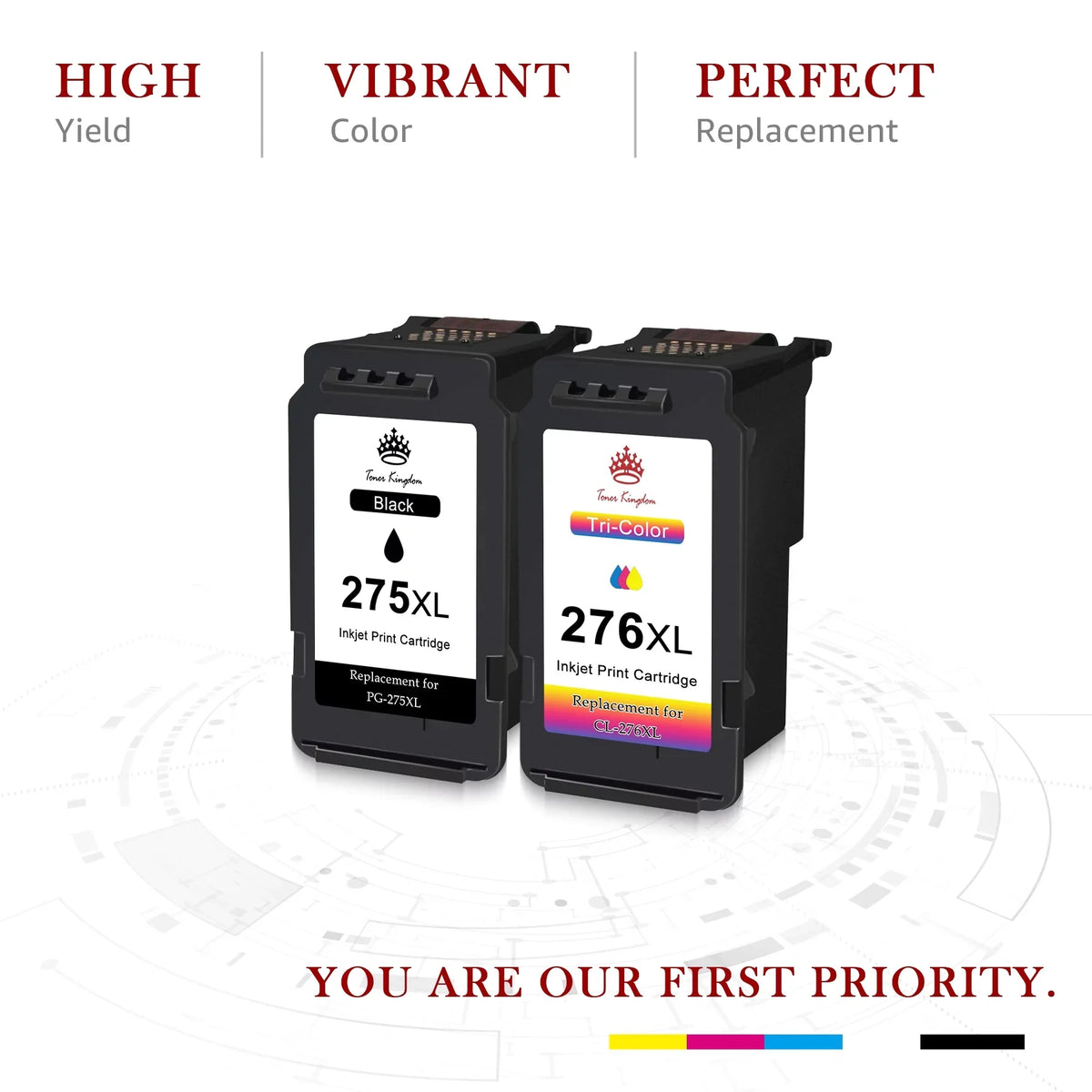Toner Kingdom PG-275 CL-276 Ink Cartridges for Ink 275 and 276 High Capacity 275XL 276XL Ink Cartridges for PIXMA TS3520 TS3522 TS3500 TR4720 TR4722 TR4700 Printers (2 Black, 1 Color)