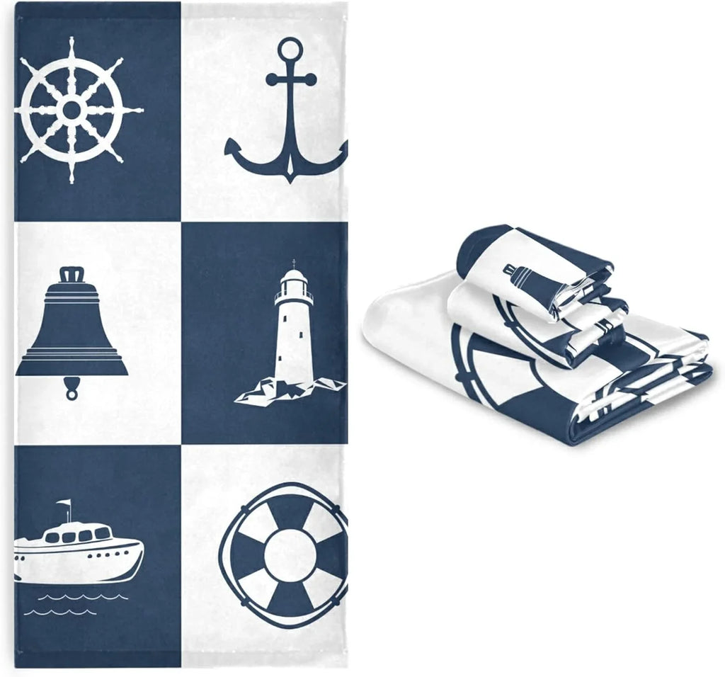 GZHJMY Bath Towel Sets for Bathroom Hand Towels Fingertip Towels Sailing Vessel Anchor Lighthouse Checked 3 Piece Decorative Soft Cotton Absorbent