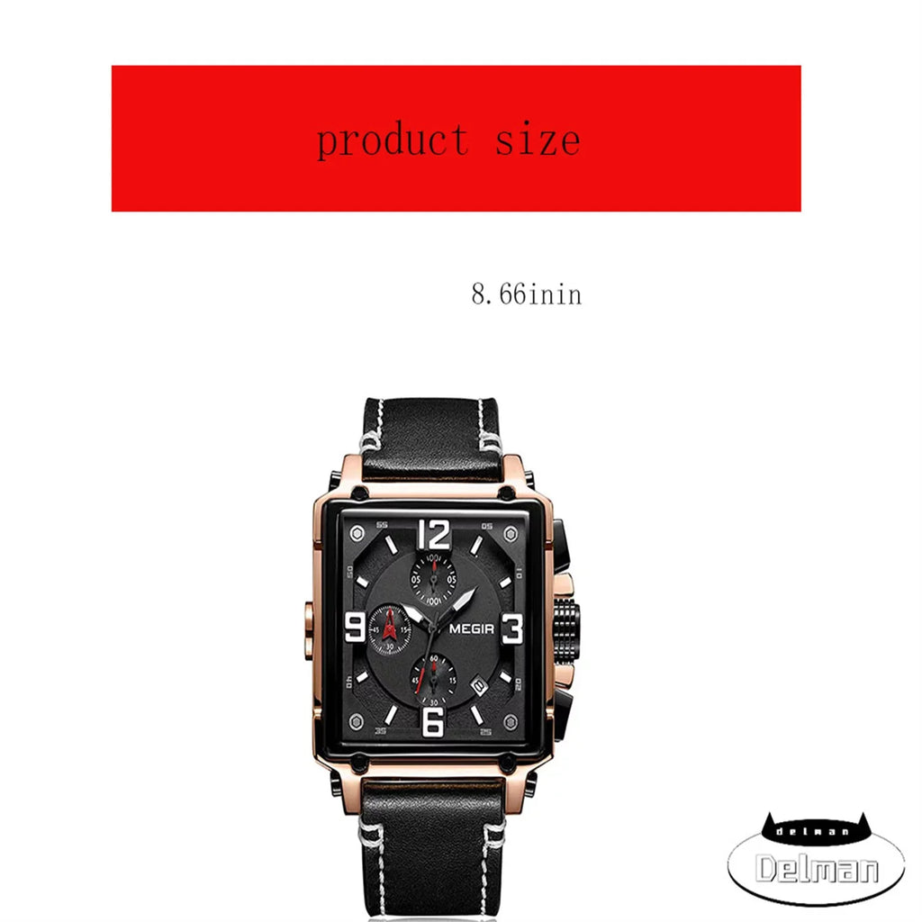 Men's Fashion Leather Strap Quartz Watches Luxury Square Dial Chronograph Wristwatch Casual Liquid Luminous Watch for Man