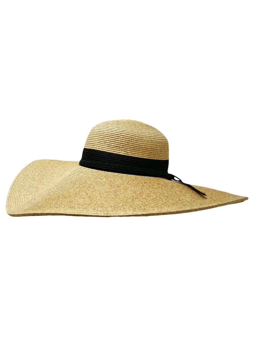 Natural Wide Brim Floppy Hat With Black Ribbon Hat Band