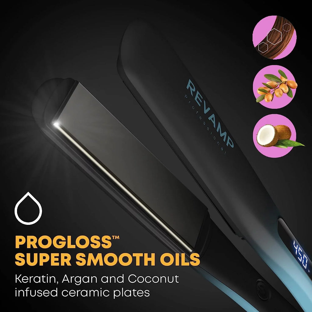 Revamp Progloss Wide Ultra X Shine 1.5-Inch Flat Iron Hair Straightener – Ceramic Hair Straightener with Keratin, Argan & Coconut Oil Pre-owned Ceramic & Ionic Plates, Ideal for Long, Thick, Curly Hair