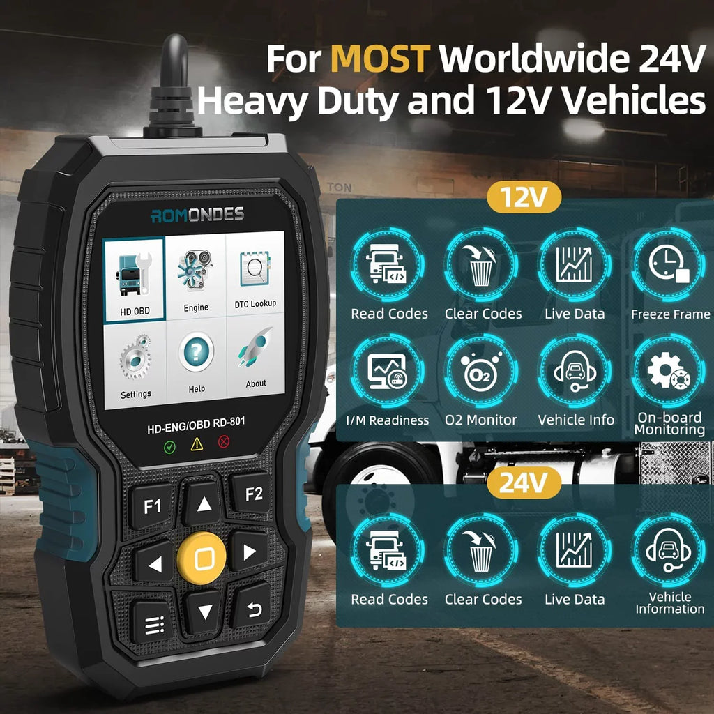 Romondes RD801 Heavy Duty Truck Scanner Diesel OBD Scan Tool EOBD HD OBD OBD2 Scanner Truck & Car 2 in 1 Code Reader Auto Diagnostic Tool Check Engine for Cummins, Scania, Man, Hino, Fuso, UD , DAF